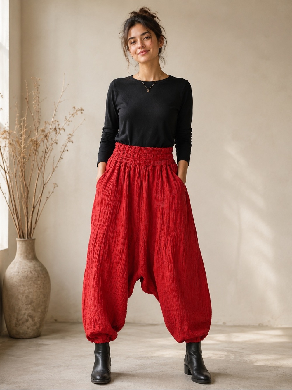 GRIZAS Red Silk Linen Harem Balloon Pants S Crinkle Balloon Lagenlook